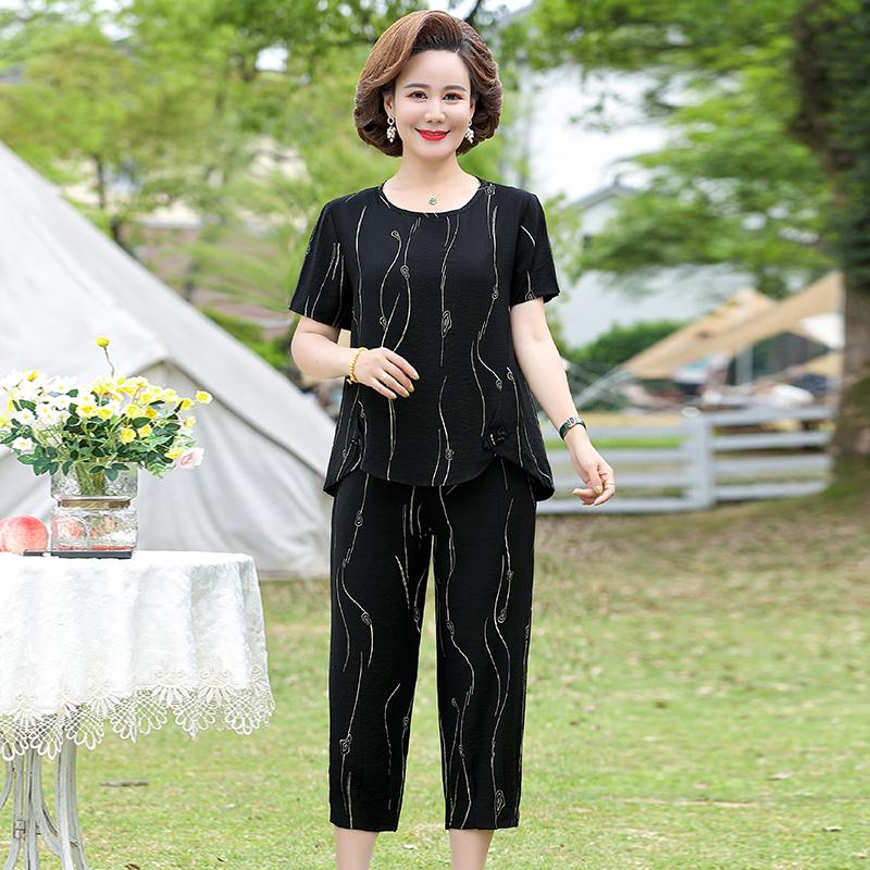 

Одежда для женщин среднего возраста Летние комплекты из 2 предметов Женская футболка с коротким рукавом и шаровары Свободный женский костюм M чёрный