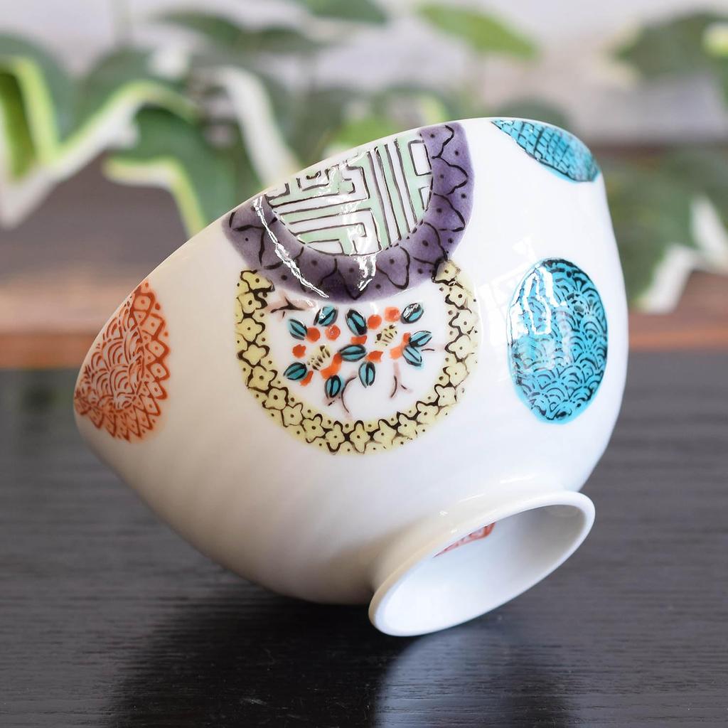 Waza no Kura Stylish Kutani Ware Rice Bowl - Colorful Round Pattern Ceramic Tea Bowl - High-End Brand Japanese Tableware - Made in Japan - Perfect Gif