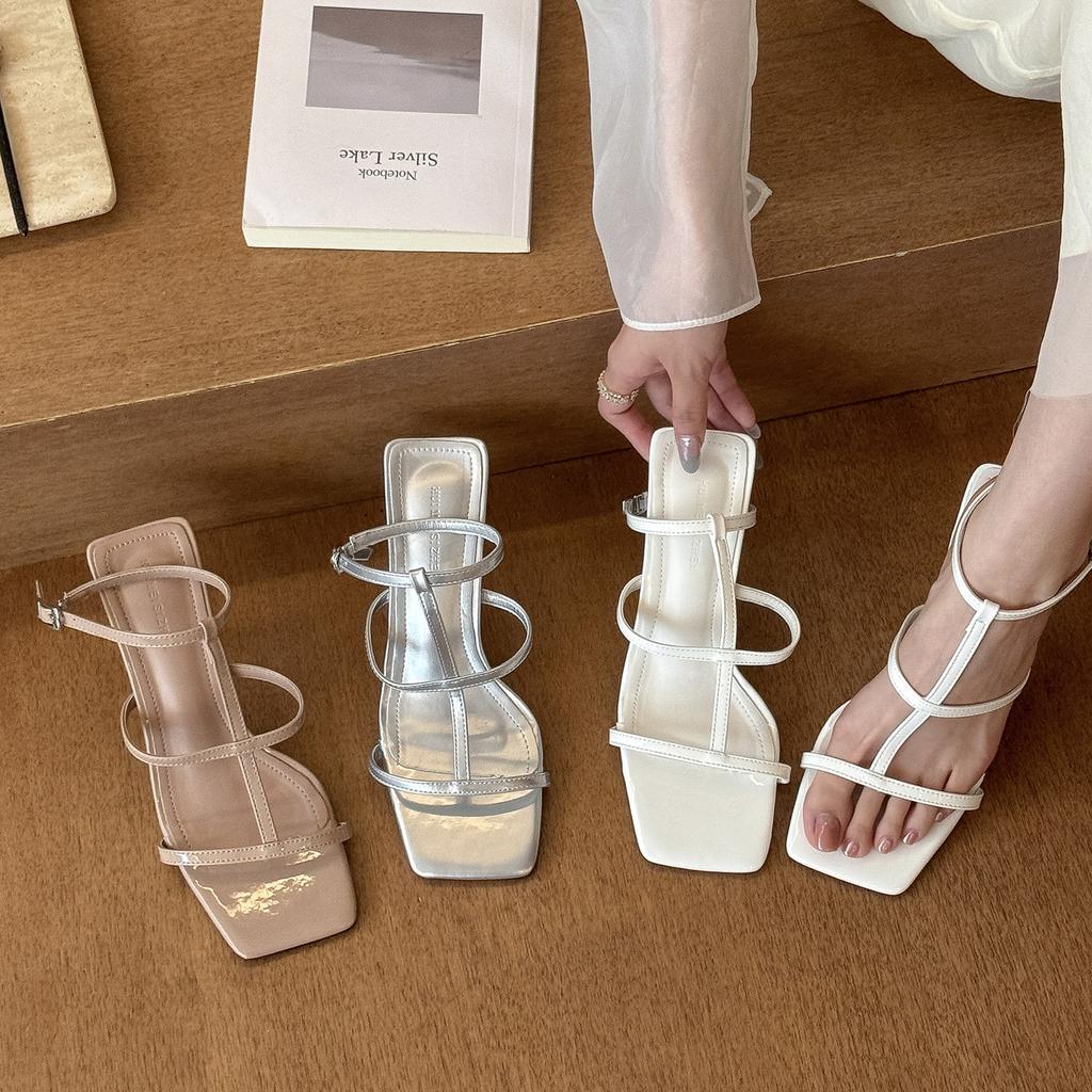Gentle and Advanced! Ice-through Nude One-word Sandals Women's Summer Square-heeled High Heels