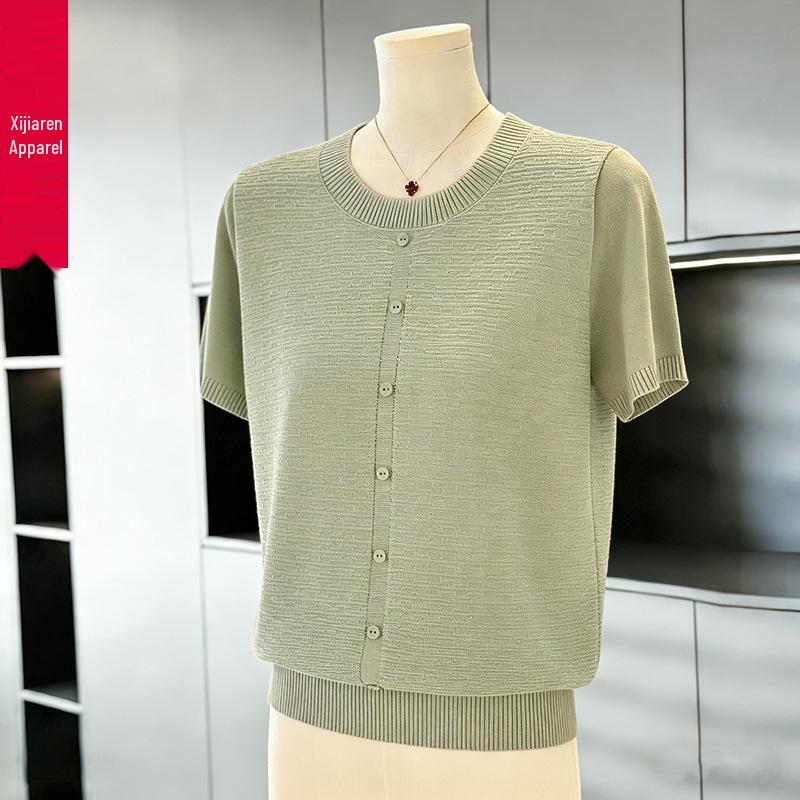 Elegant Summer Knit Top: Ice Silk Short-Sleeve T-Shirt for Stylish Moms and Seniors