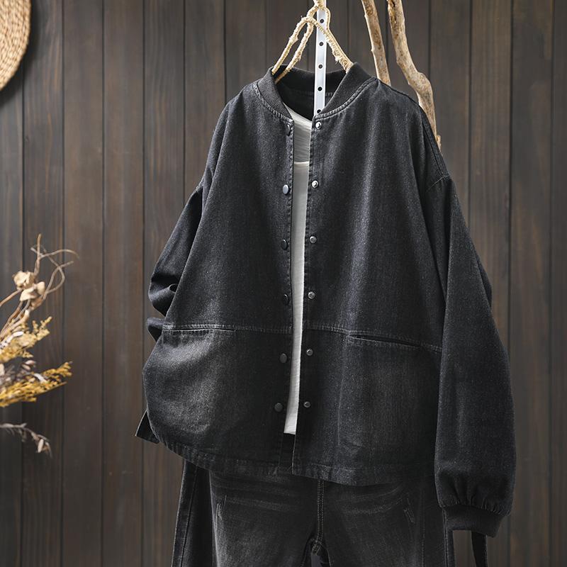 Damen Petites lockere Jeansjacke mit Revers - Frühling Lässig Übergröße