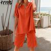 Women's 2 Piece Set Short Sleeve V Neck Wide Leg Shorts Summer Casual Loose Leisure Set