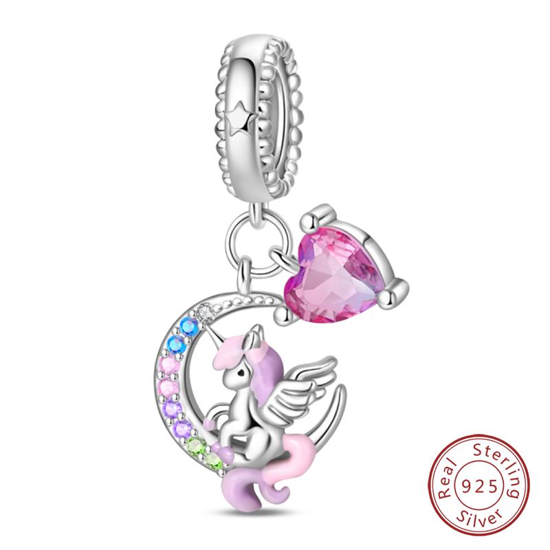Fit 925 Silver Charms Beads Little Bear Lamb Little Flying Pig Pink Charms For Women DIY Birthday Jewelry Gift