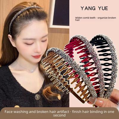 Retro Samt Glitzer Diamant Rutschfestes Stirnband mit Zähnen zum Gesichtwaschen, für Pony und Haarstyling - Acryl Kopfschmuck