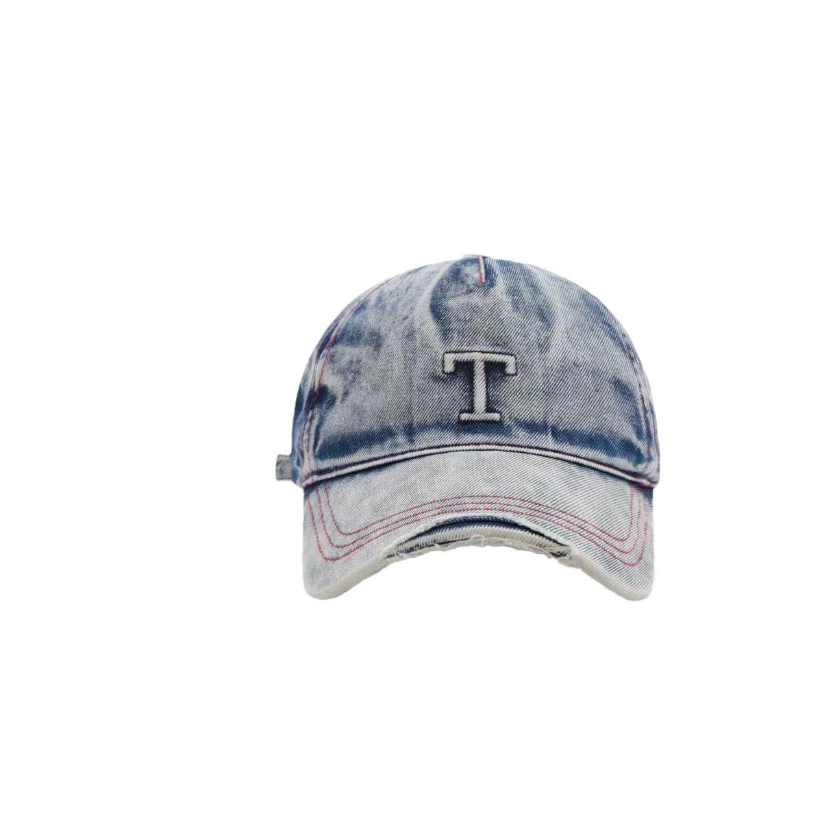 

Fashion trendy brand men s and women s T-letter caps washed and made old ripped hip-hop denim baseball caps M（56-58cm） синій