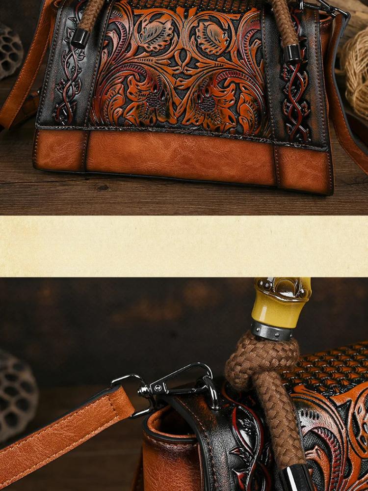 Johnature Chinese Style Embossed Leather Bag Vintage Large Capacity Women's Handbag Versatile Shoulder Bags