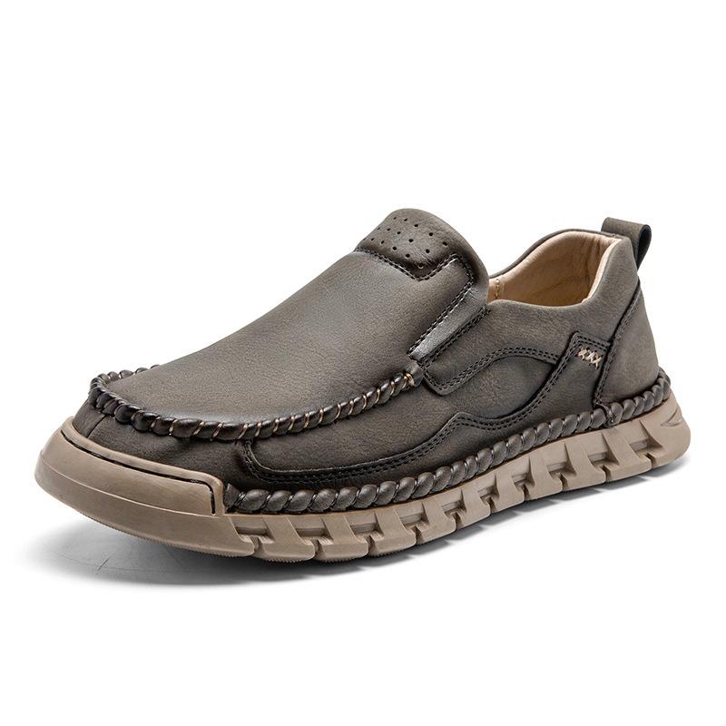 Men's Spring/Autumn Fashionable Slip-On Leather Shoes, Hand-Stitched, Large Size Casual Low-Top.