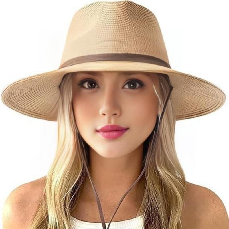 Breathable Paper Straw Panama Hat with Adjustable Chin Strap and Wide Brims Sun Protections for Women Vacation and Trip