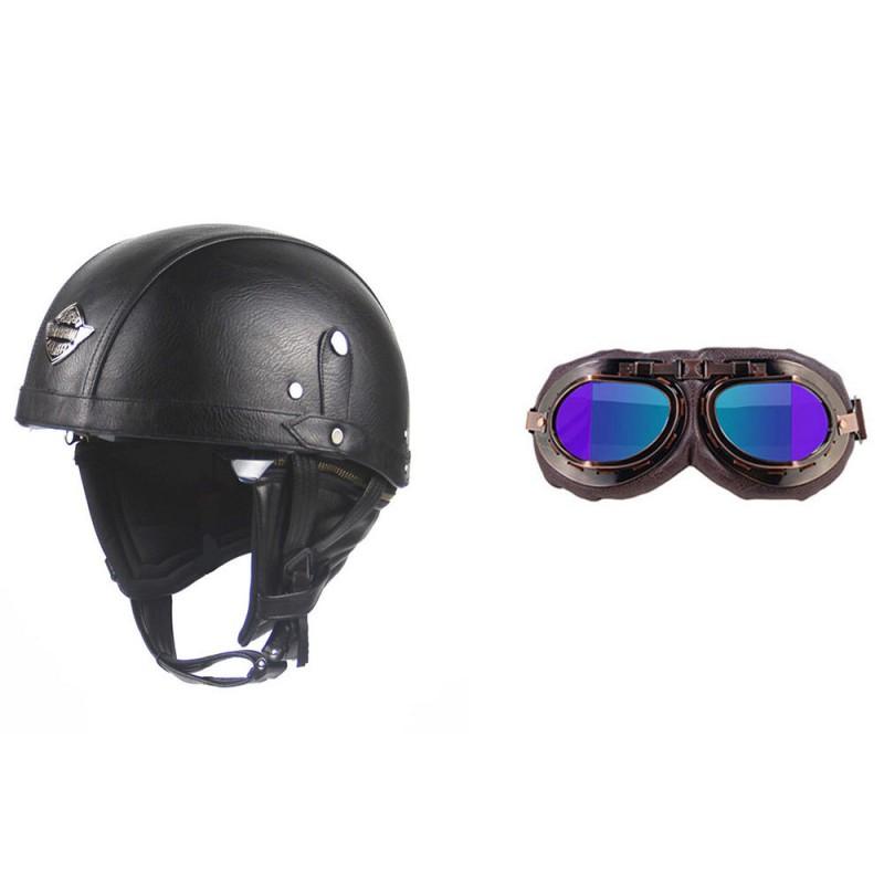 Retro Open Face Motorcycle Helmet Leather Cruiser Scooter Adult