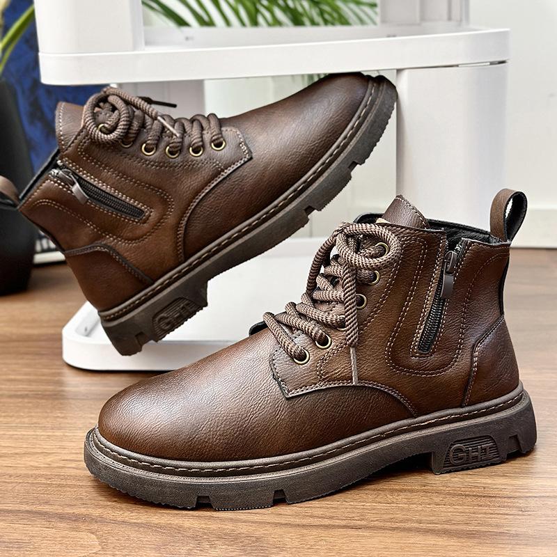 Zamek błyskawiczny buty Martin męskie buty wysokie nowe brytyjski retro robocze buty męskie modne codzienne krótkie buty brązowe skórzane buty