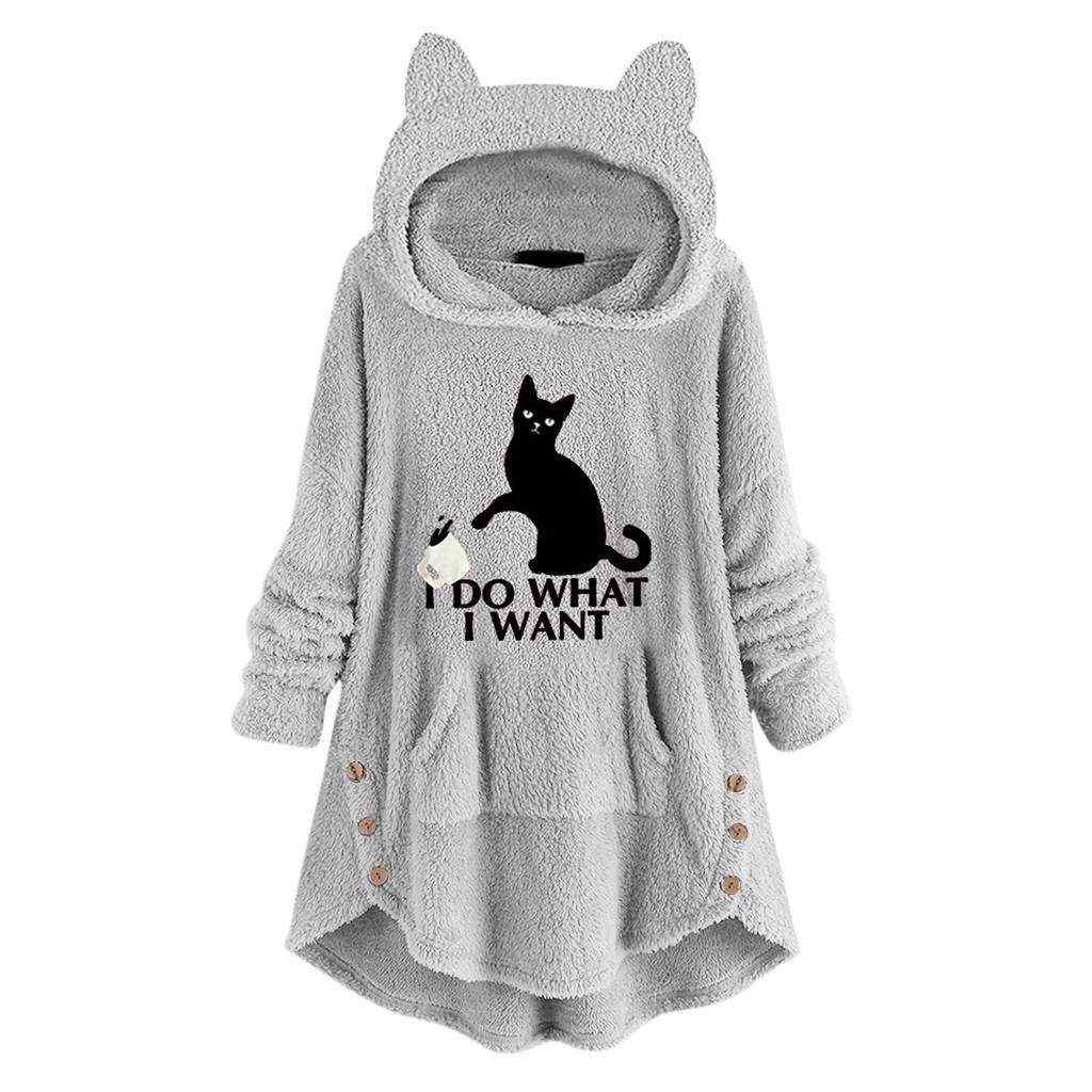 Women Fleece Embroidery Cat Ears Button Hem Plus Size Hoodie Top Sweater Blouse