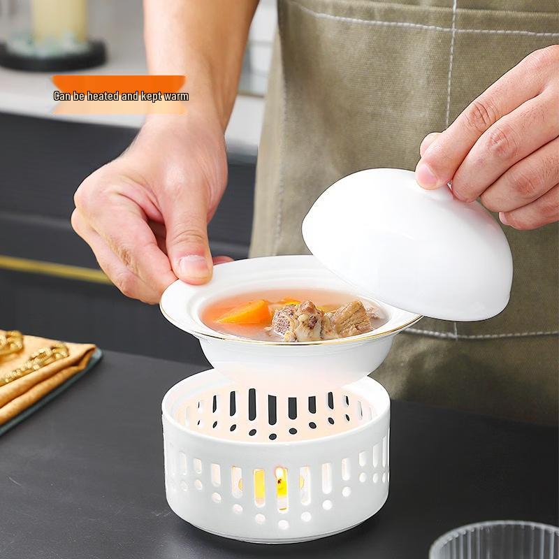Zhi Shi Bone China Stew Bowl with Candle Warmer