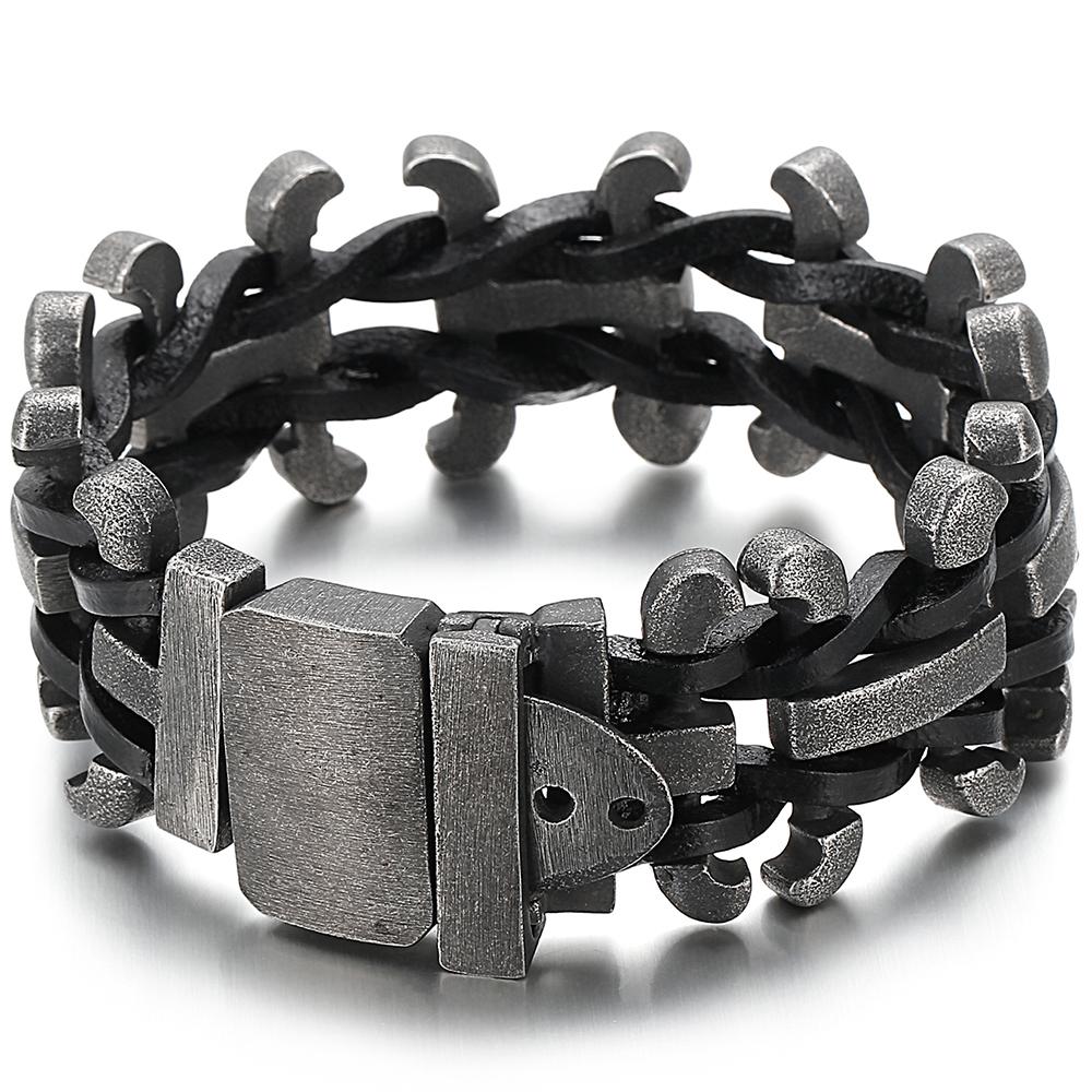 Men's Leather Bracelet Gothic 30MM Width Chain Bracelet With Belt Buckle Hip Hop Stainless Steel Wristband Adjustable Wrap Cuff Bangle