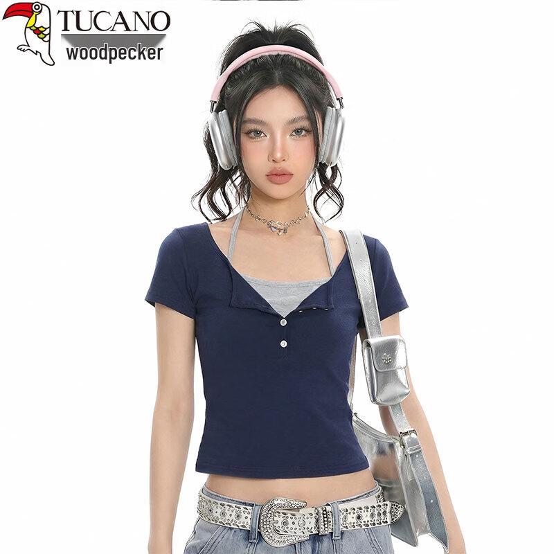 

Woodpecker Women s Halter Neck Fake Two-Piece Short Sleeve T-Shirt XL