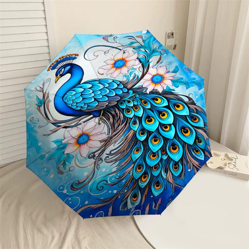 

1PC Peacock Flowers Automatic Open/Close Umbrella Compact Folding Umbrella with 8-Rib Shaft lightweight esign, Highquality Fabric1215A