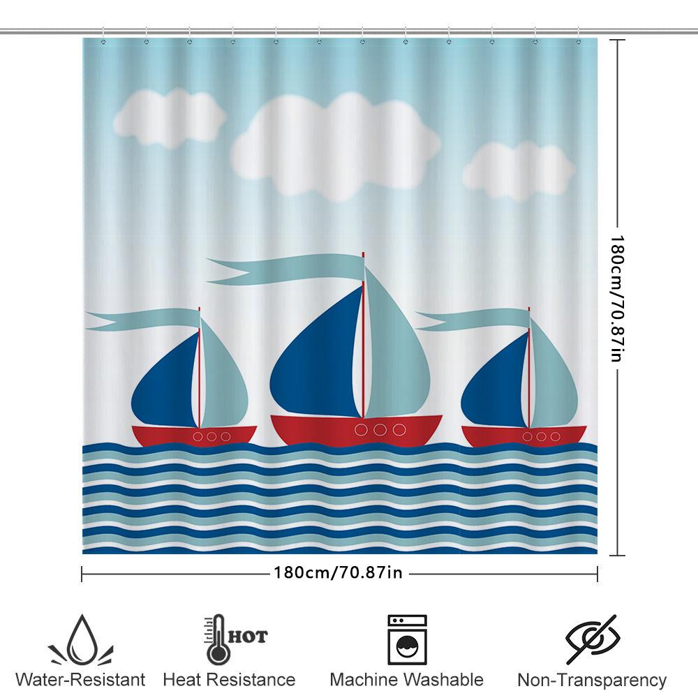 Bright Sailboat Shower Curtain Set: Blue Waves Bath Decor, Kids Room Wall Hangings Bathroom Decor For Home Decoration