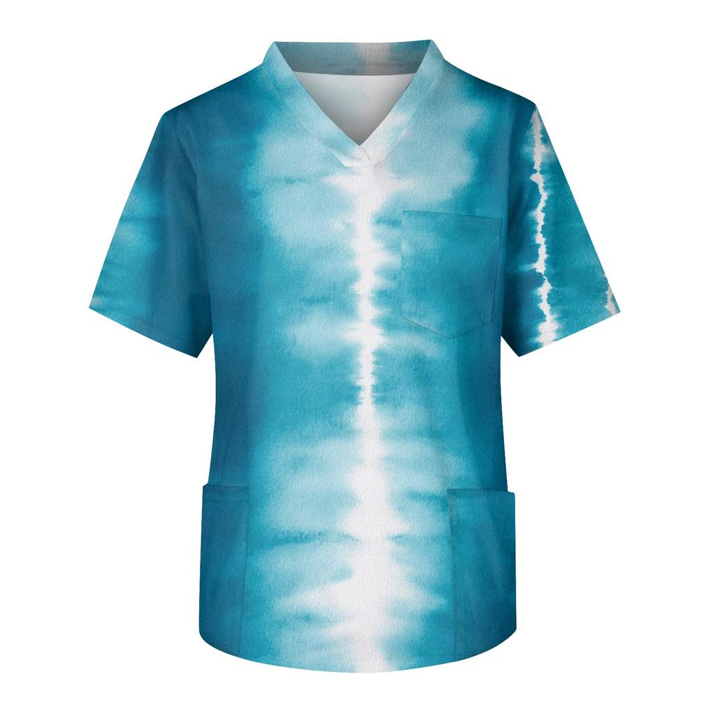 Men's Printing Short Sleeve V-neck Working Blouse Chest Pocket Carer Top