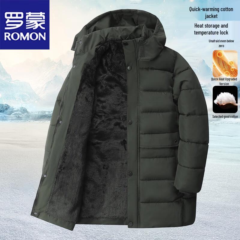 ROMON Men's Winter Plush Lined Mid-Length Hooded Padded Jacket