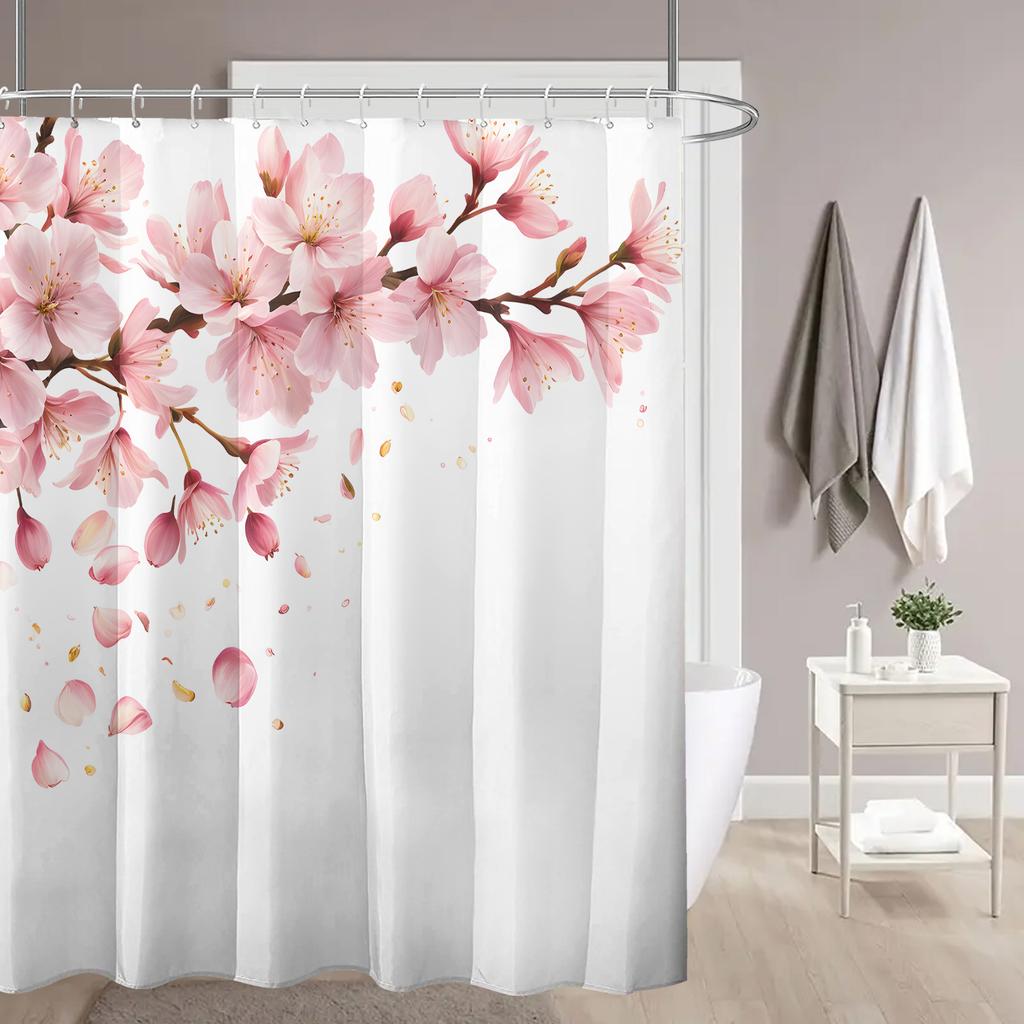 1pc White Background Flower Branch Pattern Printed Shower Curtain, Polyester Fabric with Hooks, Simple Style Window and Wall Bat