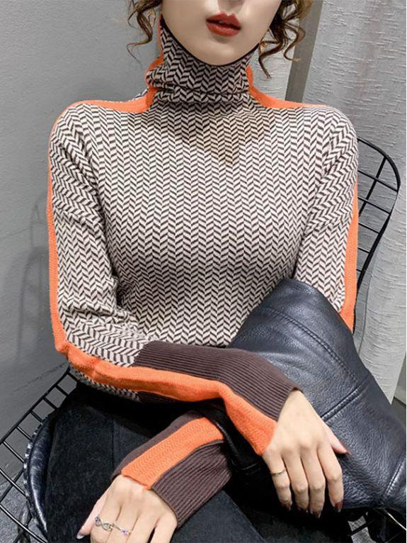 Pull Rétro en Cachemire pour Femme - Coupe Ample, Col Montant, Couleur Contrastée, Automne/Hiver