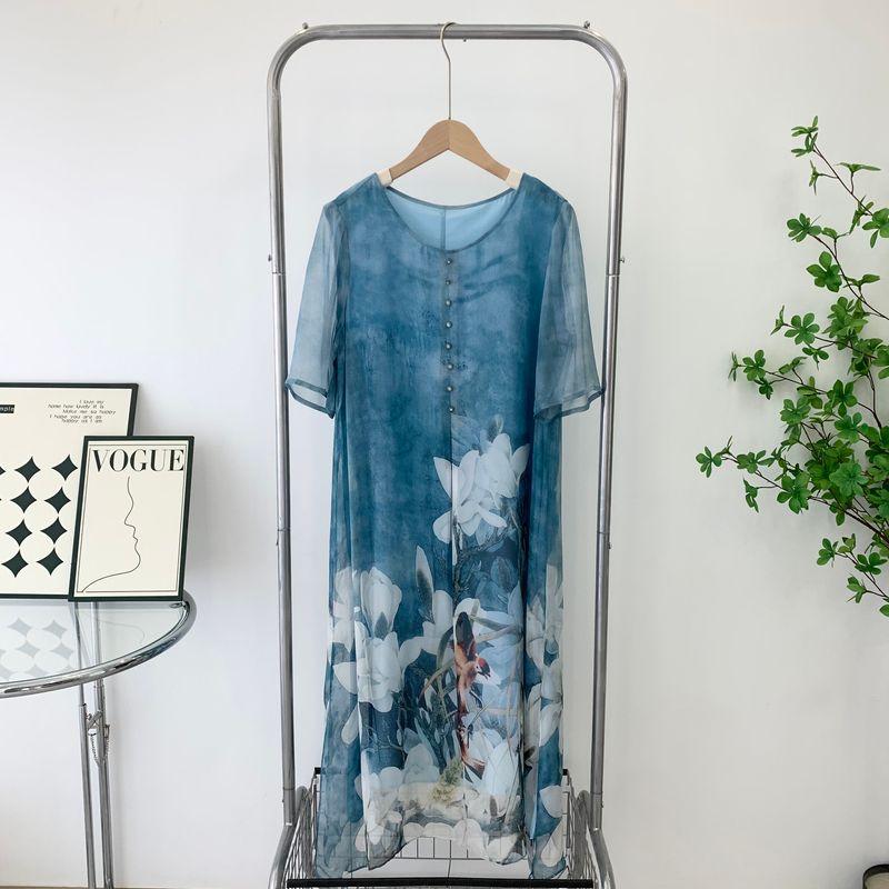 

100% Silk Dress Print Mulberry Silk Skirt Mid-Sleeve High-End Western Style plus Size Women s Dress Improved Cheongsam Dress Blue White on both shoulders L