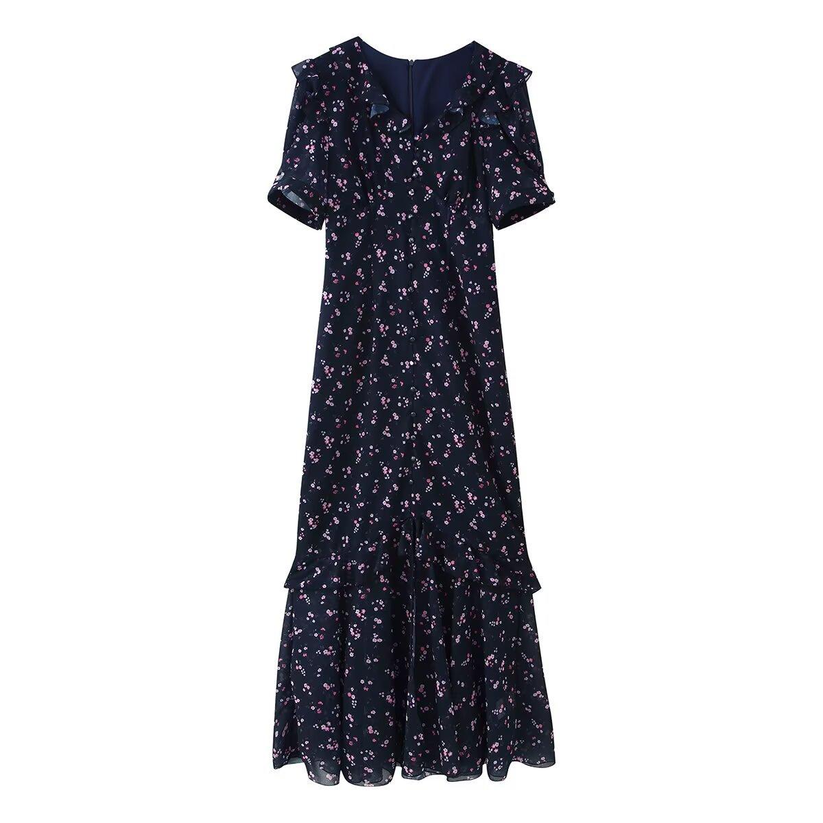 European and American style new women s fashion, fashionable and fashionable pleated ruffled collar chiffon slit long dress S