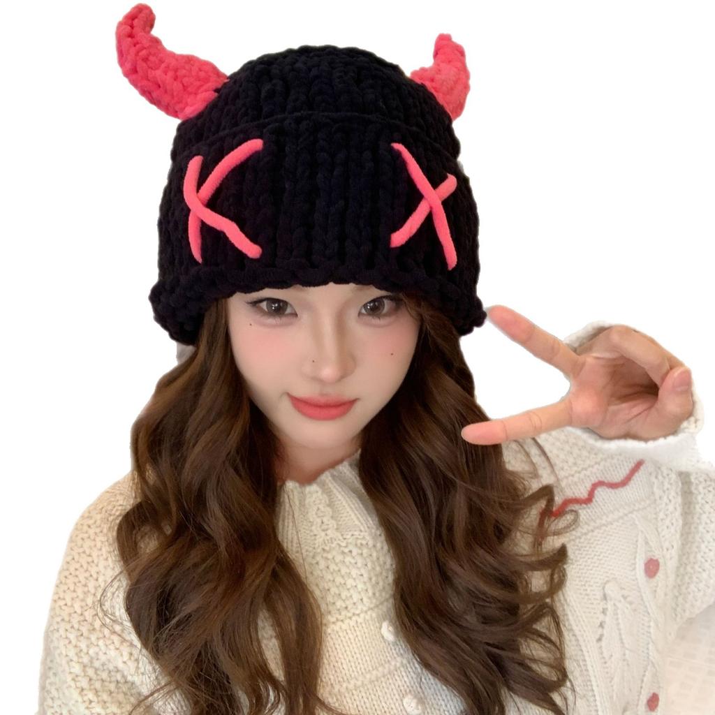 Little Devil Funny Horn Knitted Hat Female Yabifeng Halloween Headhat Autumn and Winter Warm Handmade Wool Hat