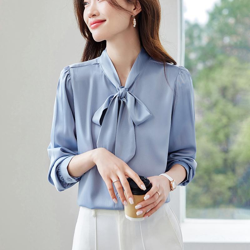 

Women Blouses Shirts 2025 Spring Long Sleeve Chiffon Women Blouse Shirt Office Lady Bow Collar White Black Blouse Shirt Women Tops J919 2XL