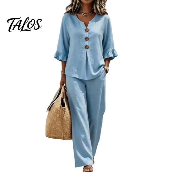 Breathable Summer Pants 2 Piece Sets for Women, Casual Ruffle 3/4 Sleeve Buttons V Stretchy Waist Neck Top And Wide Leg Matching Set, Loose