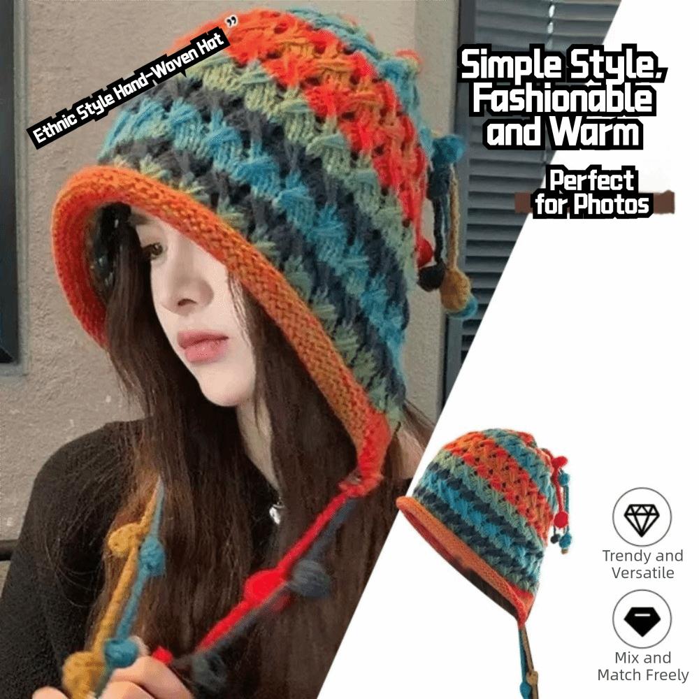 Tassel Beanie Hat Ethnic Style Ear Protection Cap Fashion Knitted Woolen Hat  for Women