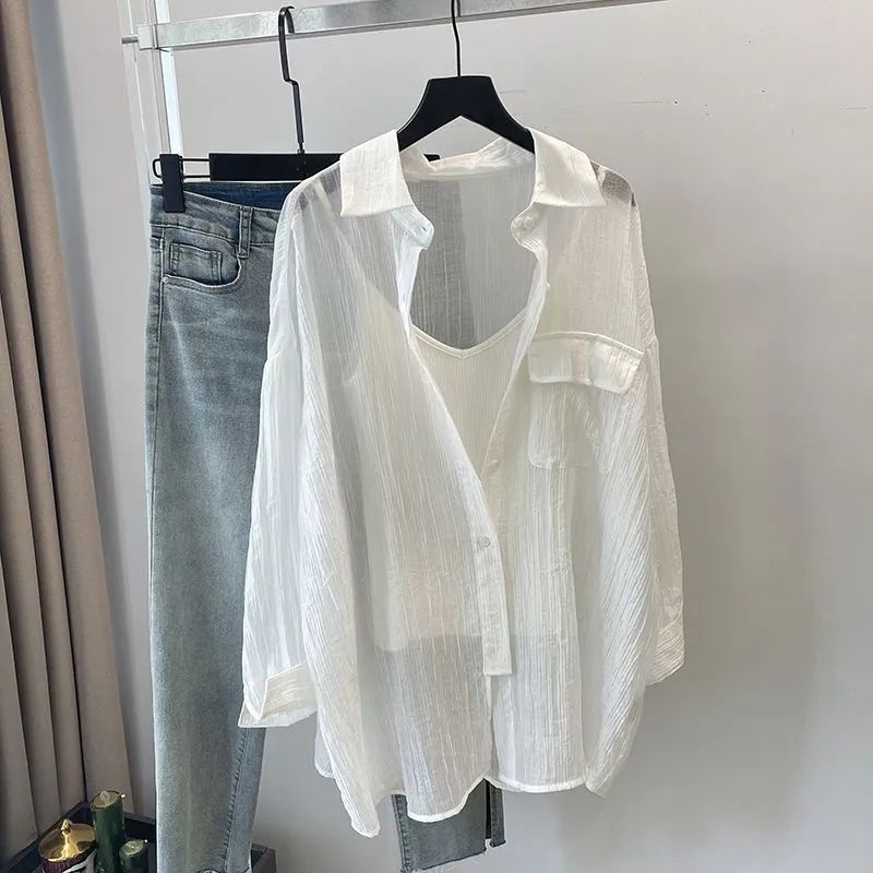 

Летняя тонкая однотонная рубашка для женщин, свободный и ленивый стиль, рубашка с длинными рукавами, солнцезащитный крем, модная рубашка 3XL белый