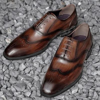 Wood Grain Brogue Japanese Square Toe Leather Shoes