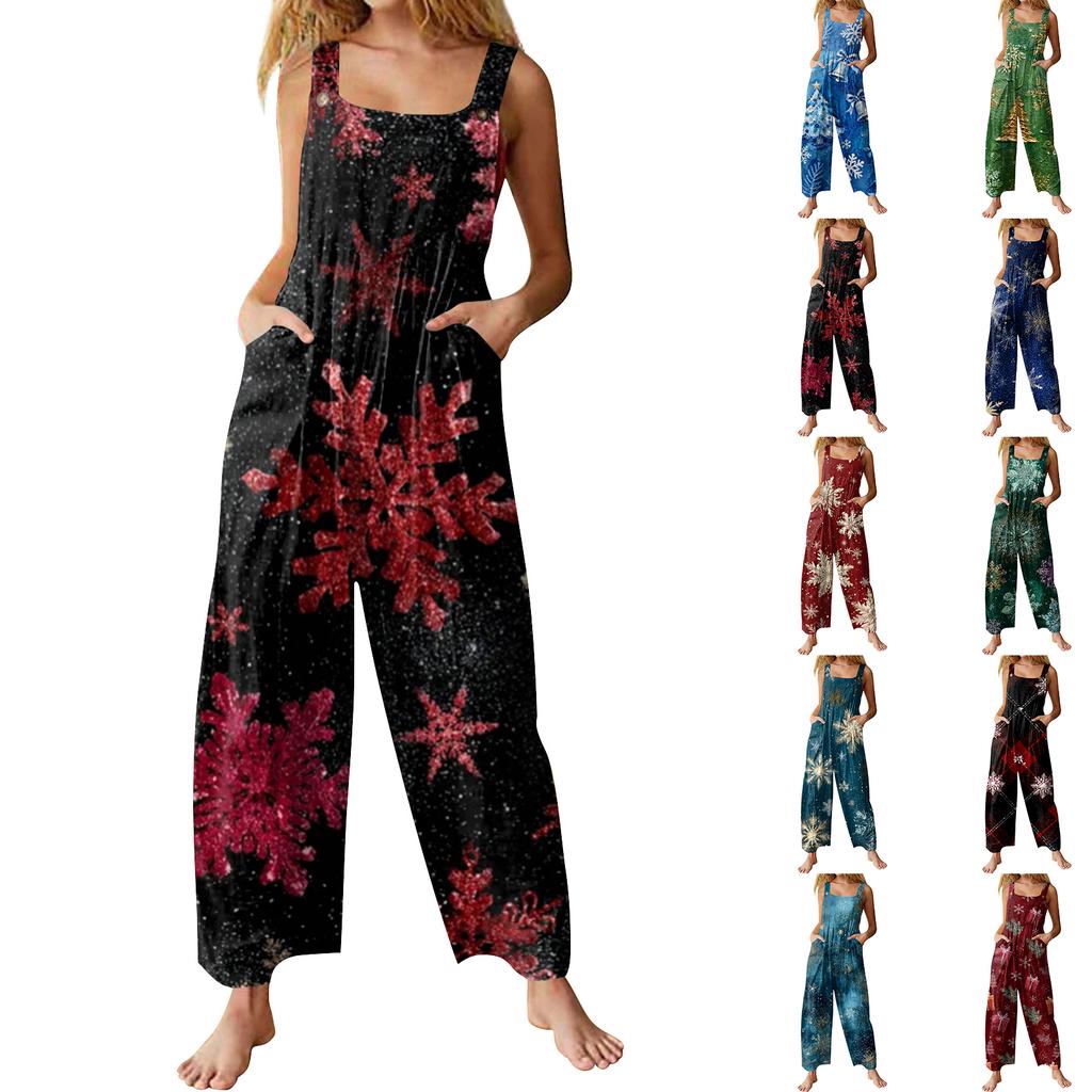Womens Casual Overalls Jumpsuits Adjustable Straps Sleeveless Print Comfy Rompers With Pocket