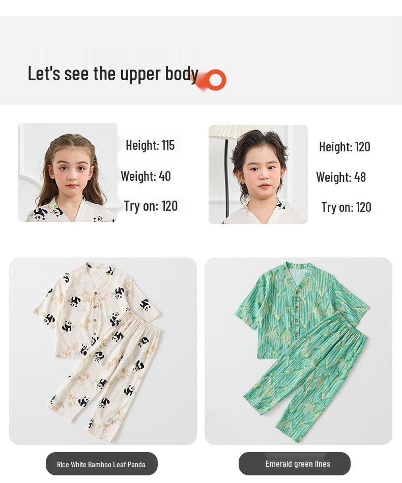 Children's Cotton Silk Pajama Set - Medium Sleeve, Long Pants, Cartoon Print, Thin, for Boys, Girls, and Babies.