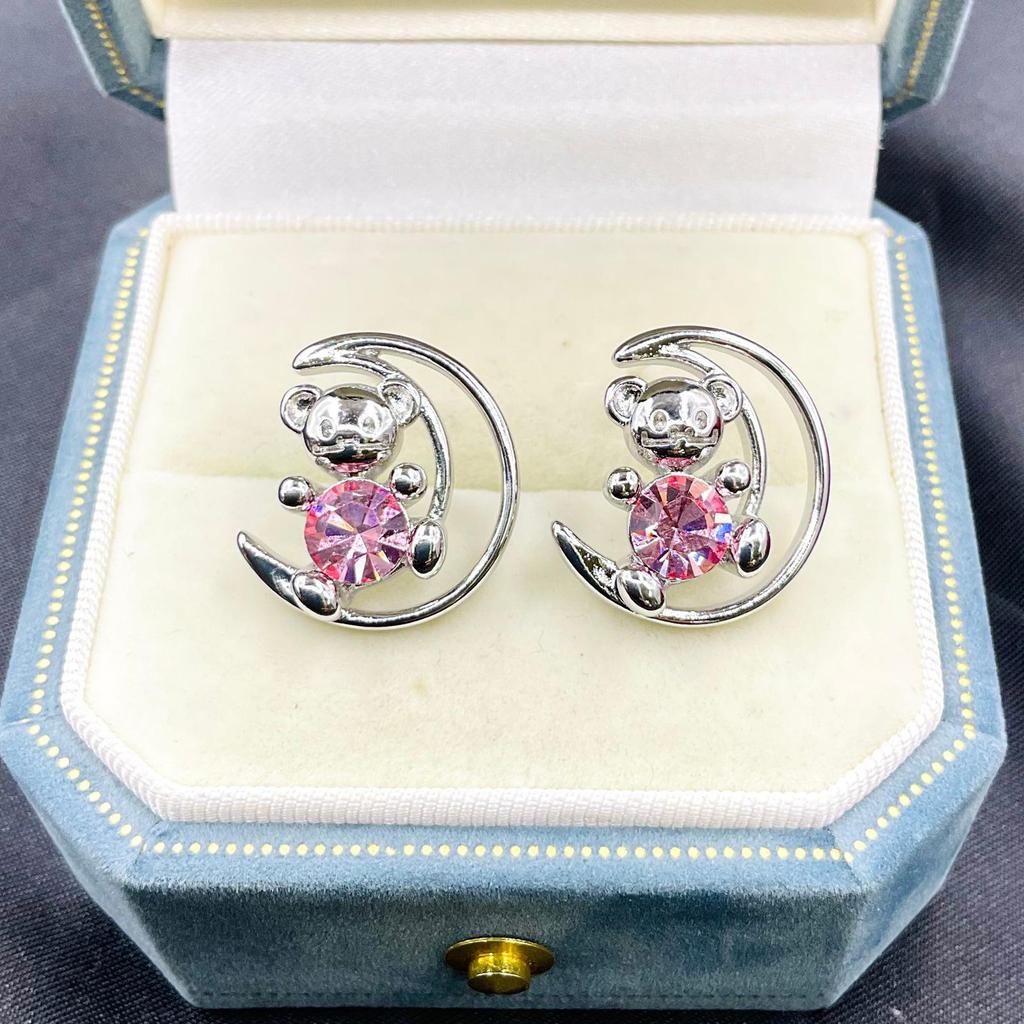 Crescent Moon Bear Earrings: Sterling Silver with 6.2mm CZ Stone