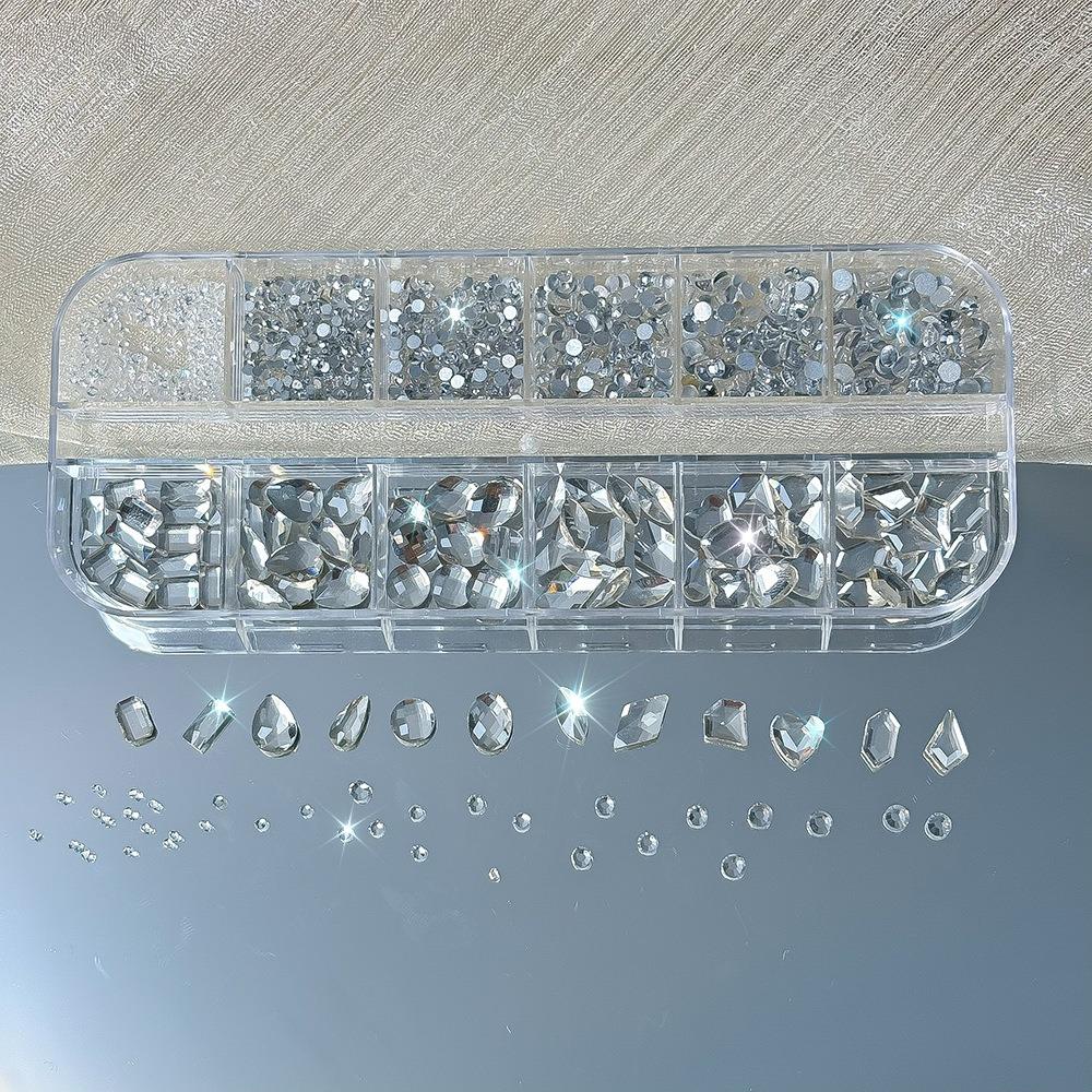 12 Grids 3D Nail Art Rhinestones Flat Bottom Square Rhombus Nail Art Charms Five-pointed Star/Heart Mixed-Shapes
