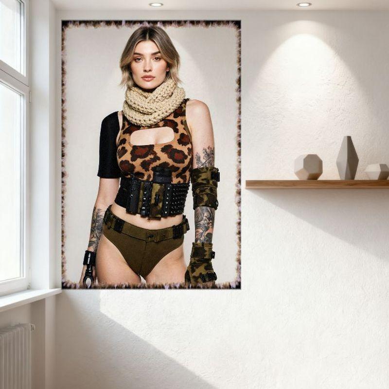 Sexy Blonde Woman Leopard Crop Top Military Arm Guards Tin Sign Vintage Metal Poster for Bar Home Wall Decor