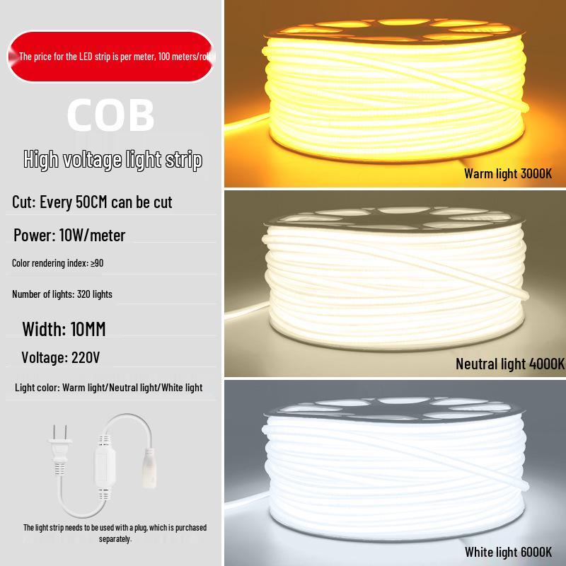 220V High CRI COB LED Strip: Waterproof, Flexible Silicone, IP65 for Living Room & Outdoor Use
