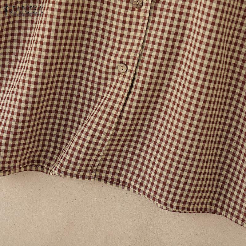 ZANZEA Women Casual Round Neck Grid Print Summer Short Sleeve Blouse