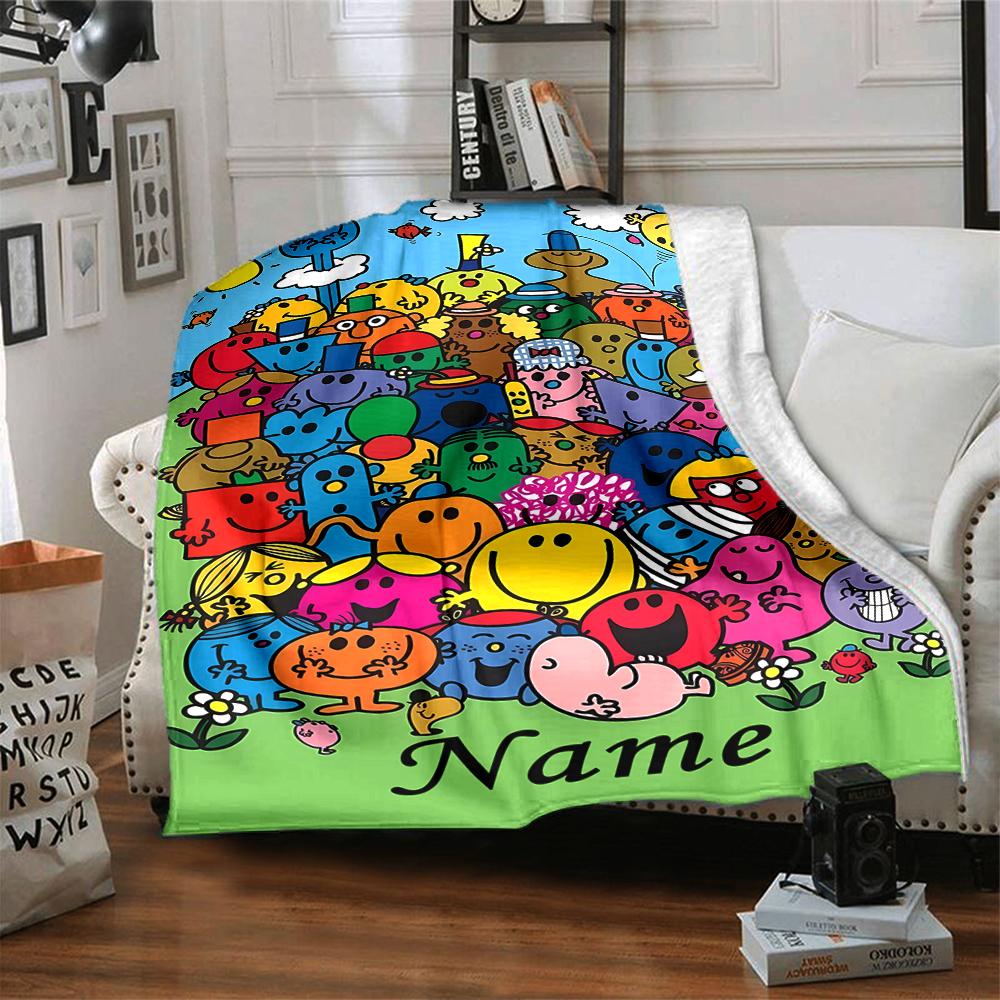 Custom Name Mr. Men and Little Miss Theme Printed Blanket - Perfect for Couch, Bed, Travel & Outdoor Use | Machine Washable, Cozy & Durable.