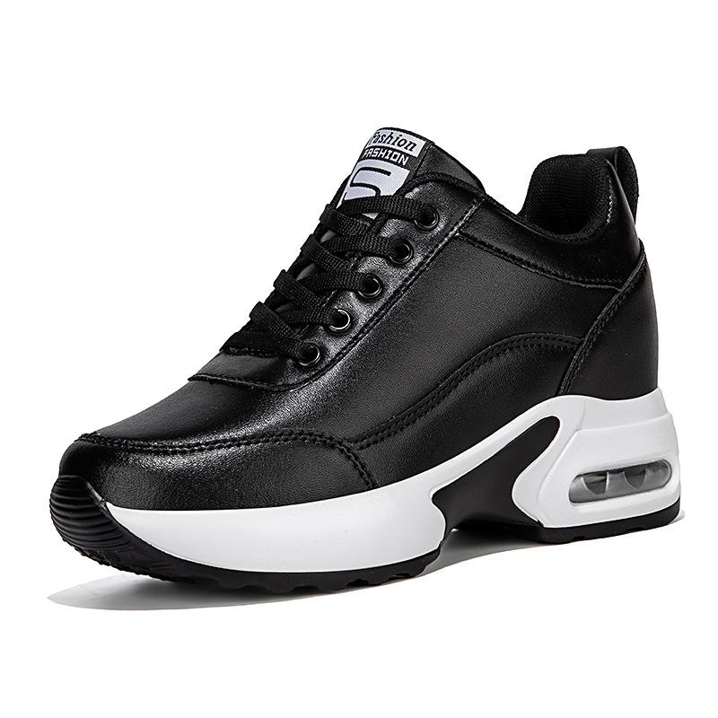 2026 Spring increase height and show feet Small thick-soled versatile casual women's shoes Leather surface soft-soled running sports shoes