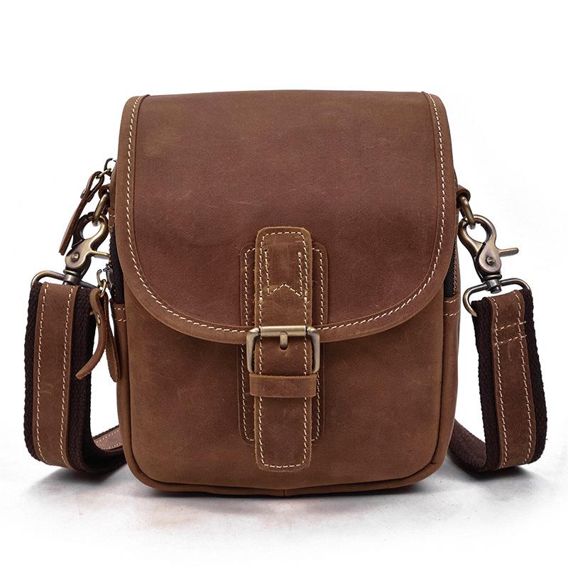 

Genuine Leather Mini Crossbody Bags Waist Bags Of Men Male Belt Pouch fashion small shoulder bags wasit packs cellphone pouch коричневый