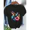 European sizes Women's Casual Short Sleeve T-Shirt - Vibrant Hummingbird & Floral Print Round Neck Top
