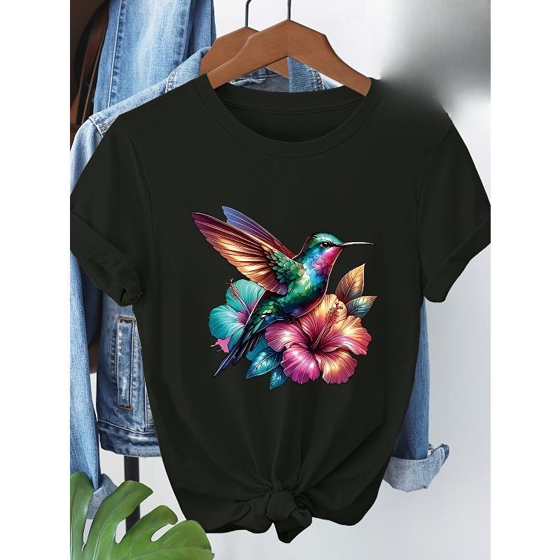 European sizes Women's Casual Short Sleeve T-Shirt - Vibrant Hummingbird & Floral Print Round Neck Top