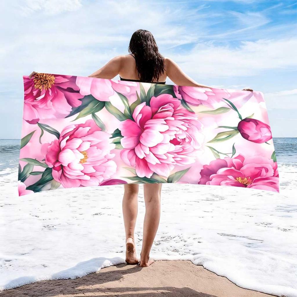 Pink Peony Microfiber Beach Towel 2D Flat Printed Sandproof Waterproof Bath Towel Large Pool Blanket Summer Vacation