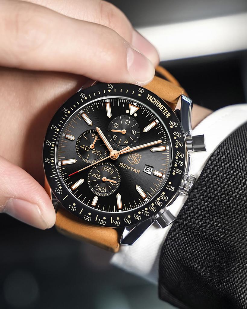 BY BENYAR Chronograph Analog 30M Wasserdicht Lederarmband Quarz Geschenk für Erhältlich in und Schwarz Herrenuhr, Widerstandsfähig, Schlicht, Stilvoll, Beliebt, Formell,