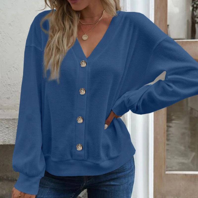 Herbst und Winter Damen Langarm-Top mit V-Ausschnitt, fester Knopf, V-Ausschnitt, lockeres, langärmeliges T-Shirt für Damen