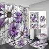 Blumen-Duschvorhang-Set | Lila & Weiße Gänseblümchen, Wassertropfen, Schmetterlinge auf rustikalem Holz Hintergrund, 4-teiliges Set, Heimdekoration