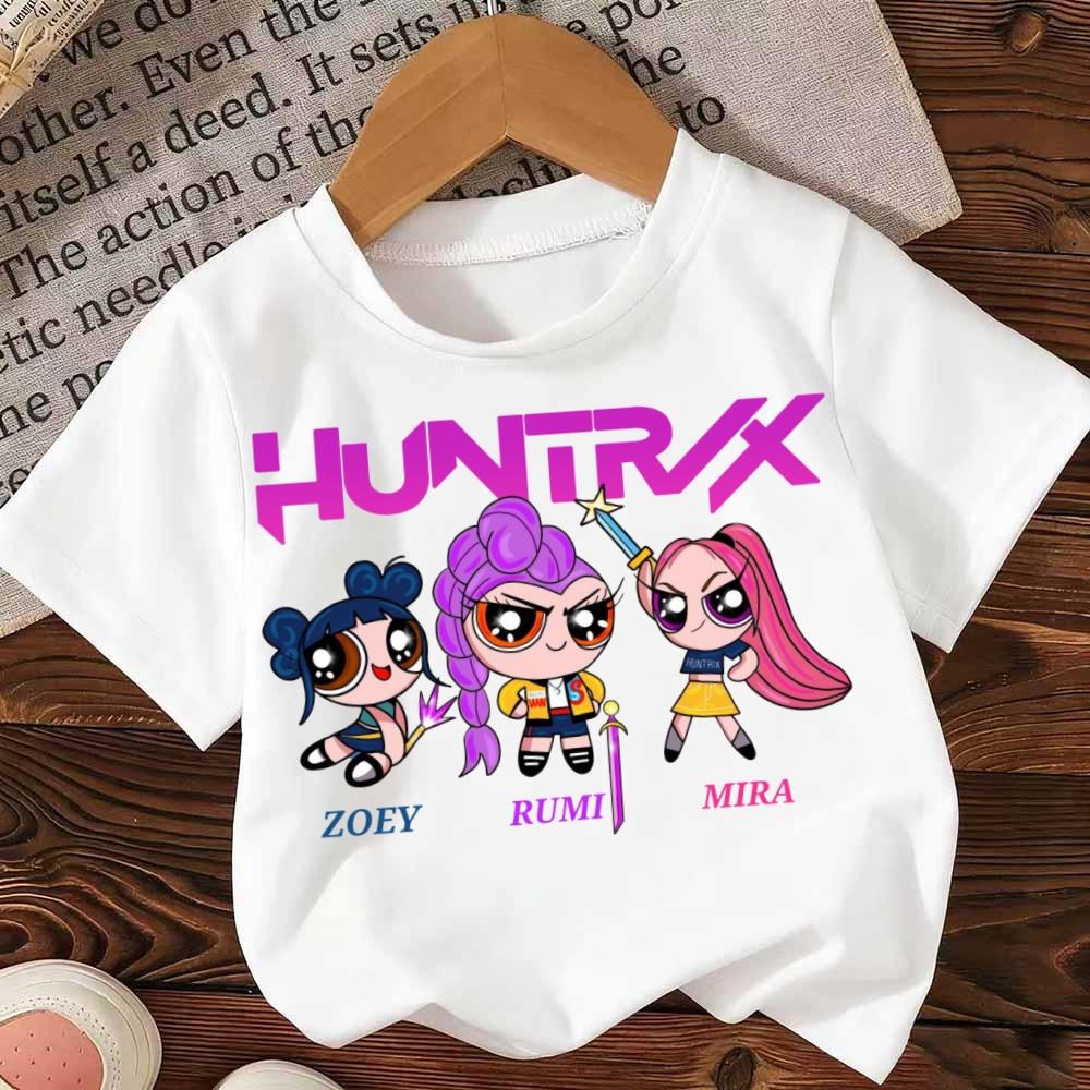 Demon Hunters Kpop T-shirt Girls Boys Short Sleeve Purple Tee Anime Children's Clothing Huntrix Tiger Harajuku Tops Tshirt Gifts