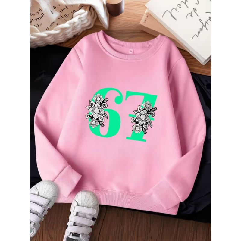 Unisex Kids Crewneck Sweatshirt For Over 4 Years Old Boys Girls Green Number 67 Black White Floral Print Red Soft Long Sleeve Pullover For 4-12 Kids